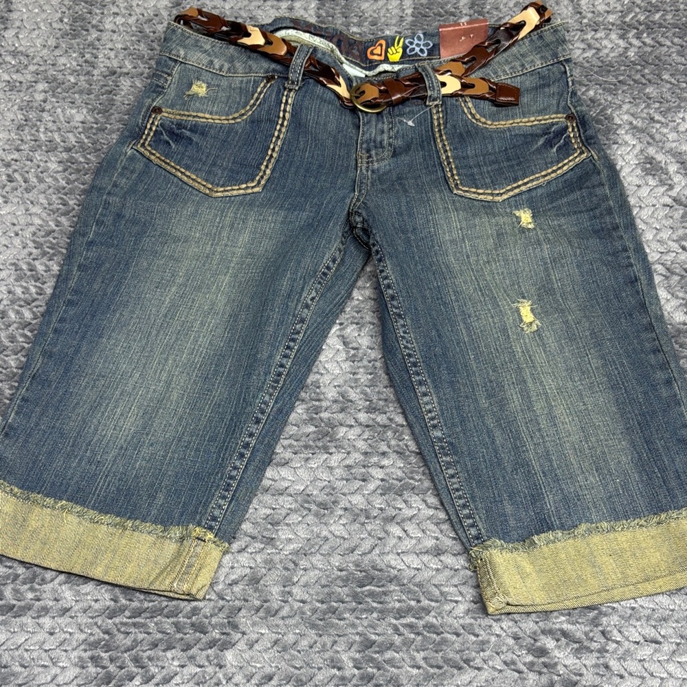 Mudd Blue Denim Capri Shorts with Cuffed Hem and Belt
